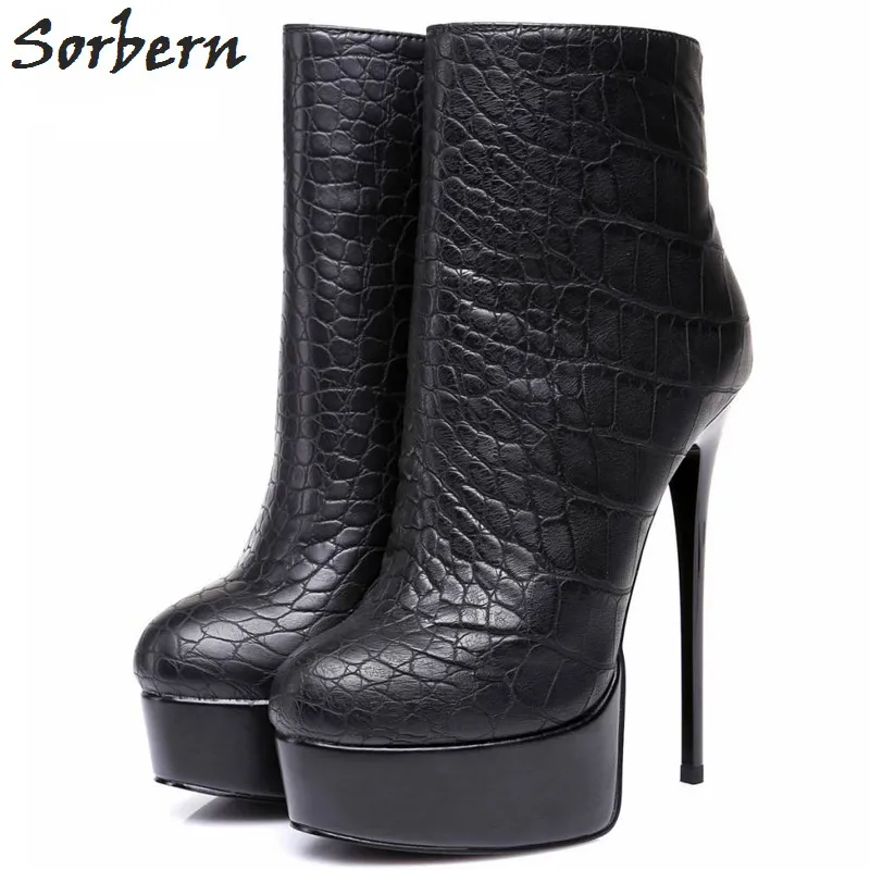 

Sorbern Thin Heels Ankle Boots Women Shoes Sexy Leopard Crocodile Super High Heel Visible Platform Stilettos Zipper Up New