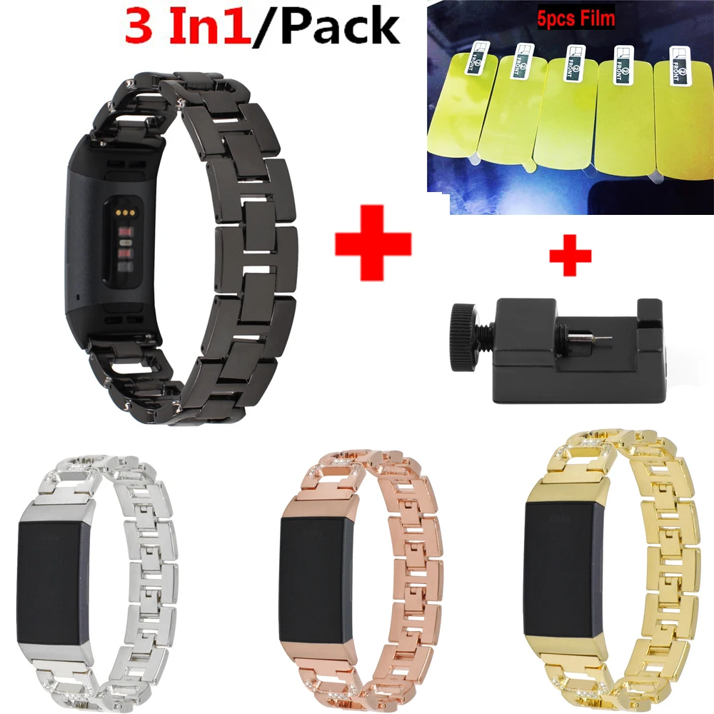

3 In1 Stainless Steel Bracelet for Fitbit Charge 3/Charge3 Band Replace Strap + Screen Film For Fitbit Charge 3 Smart Wristband