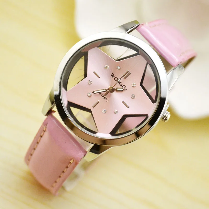 Модные женские брендовые милые дизайнерские стильные женские часы с пятиконечной звездой оптом, красивые женские часы из искусственной кожи