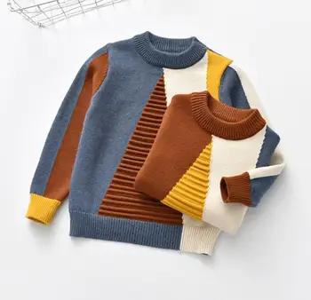 

Baby Kids Tshirt Sweater Baby Girl Geometric Triangle Rectangle Match Pattern Little Boy Outfit O-Neck Knitted Clothes for 2T-7T