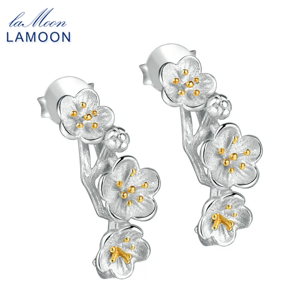LAMOON Pure 925 Silver Stud Earrings For Women 2 Colors Flower Fine Jewelry Silver & Yellow Romantic Cute Girl Gift EY242