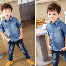 Новое поступление, модные джинсовые рубашки для маленьких мальчиков и девочек Детские весенне-осенние хлопковые рубашки детская джинсовая рубашка с длинными рукавами