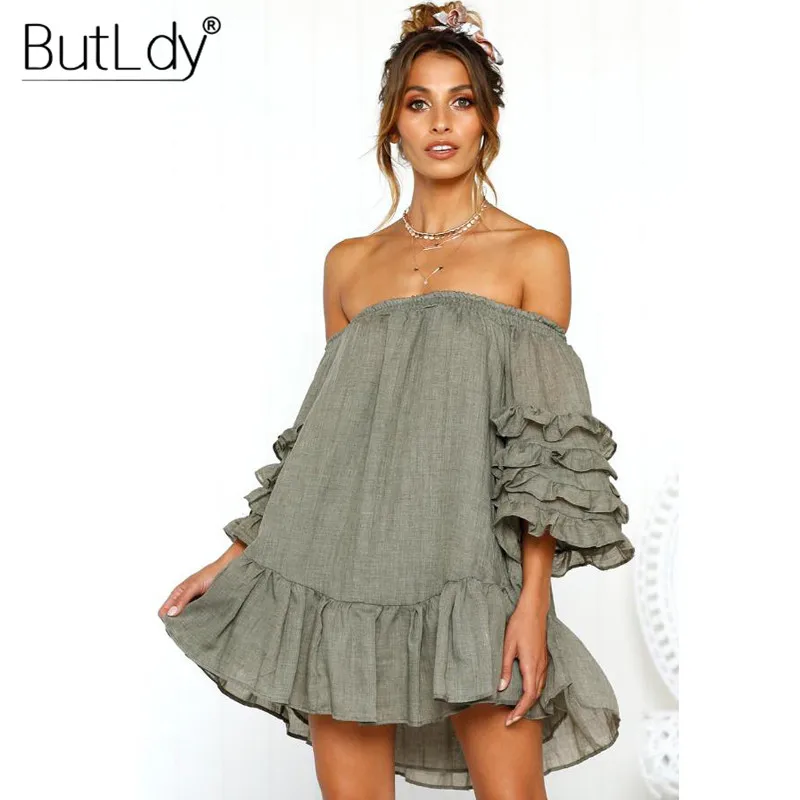 

Ruffle Strapless Pleated Short Dress Women Off the Shoulder Backless Casual Beach Dress Summer 2019 Loose Cotton Linen Dresses