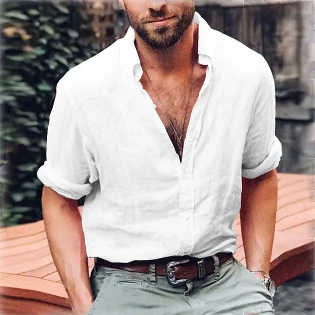 New Style Men's Casual Cotton Linen Blouse Shirts V neck Shirt Loose ...