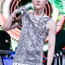 Мужской сценический танец хост майка с пайетками без рукавов Шикарные рубашки костюмы вокальное шоу футболки золотого цвета официальные 2XL