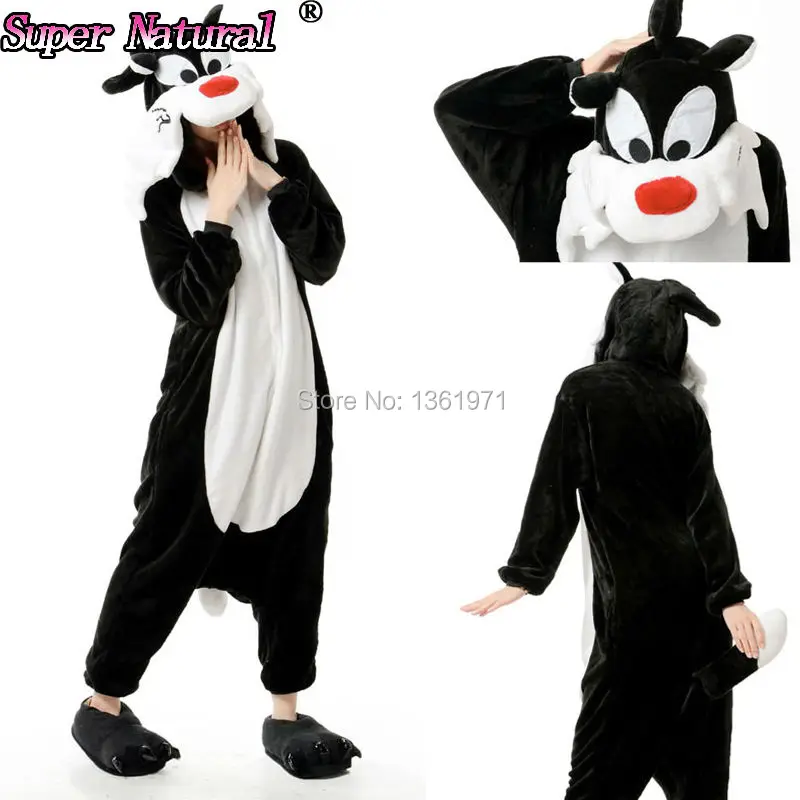 

HKSNG Black Wolf Kigurumi Onesies Pajamas Animal Winter Warm Soft Fleece Adult Halloween Party Cat Sleepwear