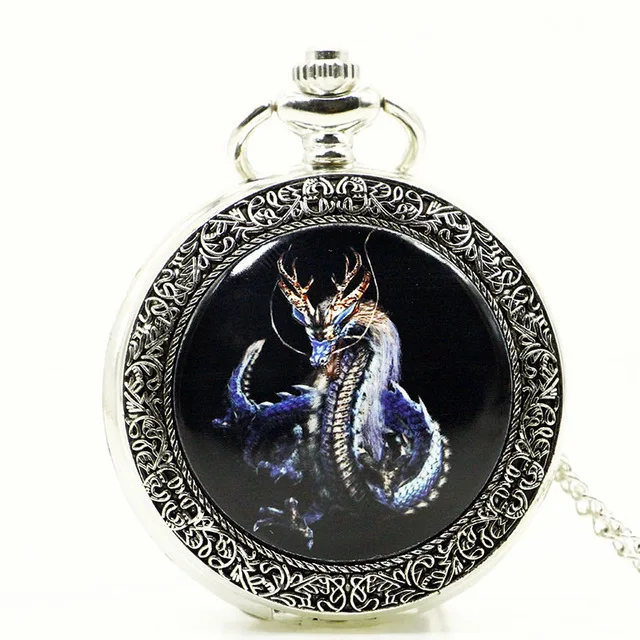 

High Quality Antique Chinese Blue Dragon Pattern Pocket Wacthes Fob Watch With Chain Necklace Best Gift for Men Women PB604
