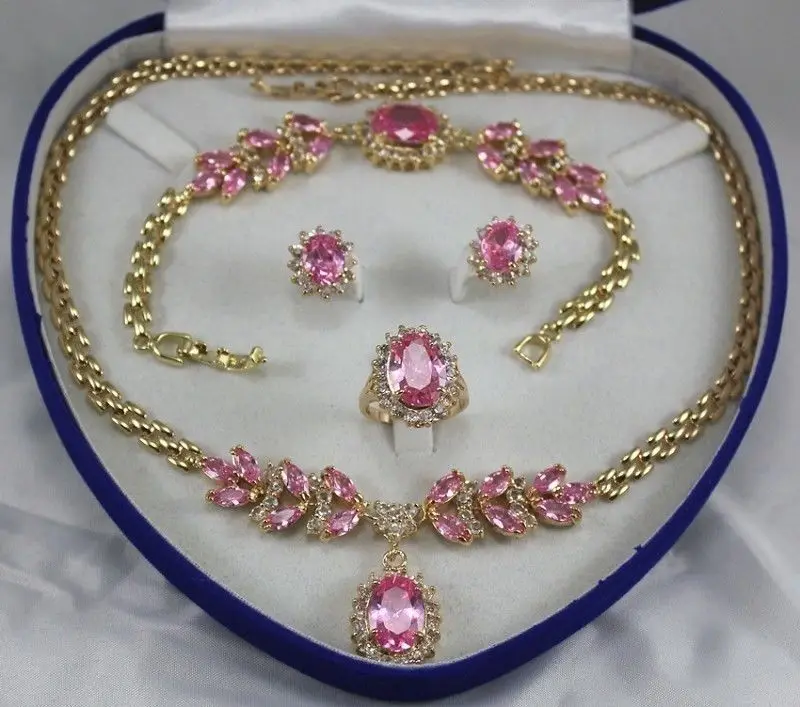 

Hot sell Noble- hot sell new - women's jewelry Pink Crystal Gem yellow gold Earring Bracelet Necklace Ring