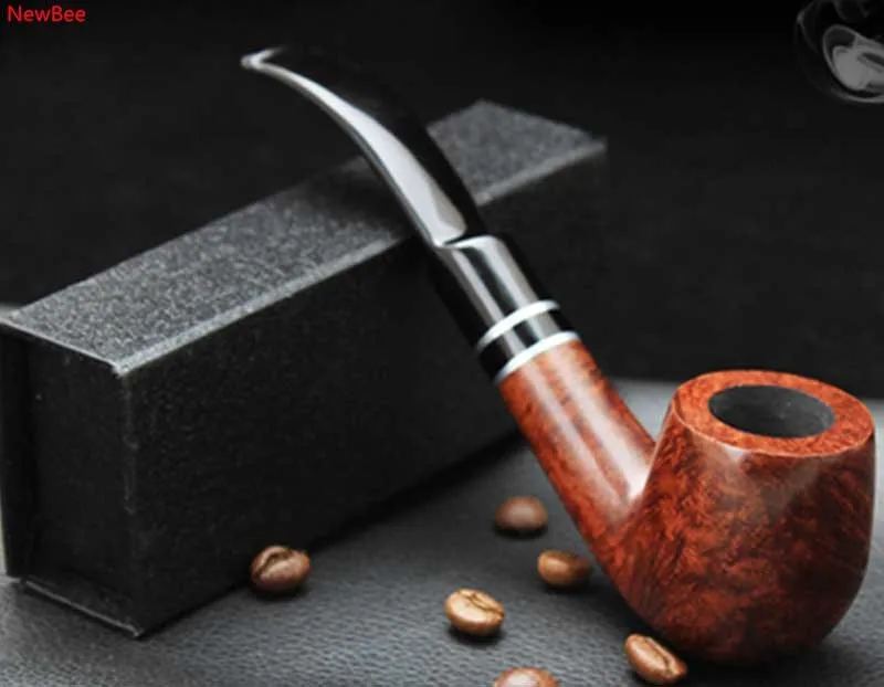 1 imported briar wood tobacco pipe with double metal ring deco bent saddle mouthpiece 9mm carbon filter men smoking pipe