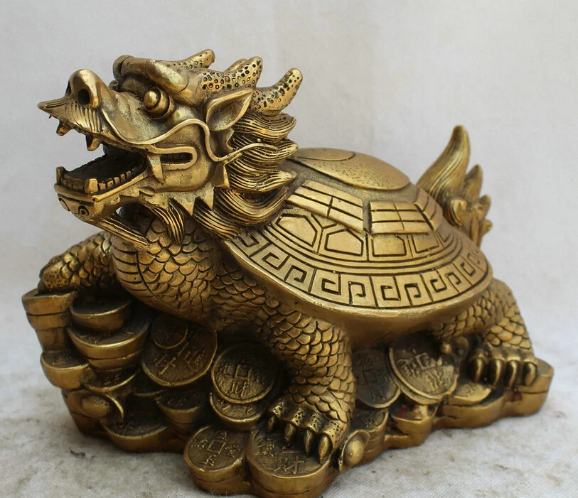 

S5965 10" Chinese Brass wealth Eight Diagrams Dragon tortoise Turtle sculpture Statue D0318
