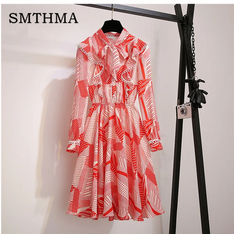 

SMTHMA 2019 New Spring Fashion Women's V-neck Retro Ruffle Dress Slim Lady Chiffon printing Dresses vestidos
