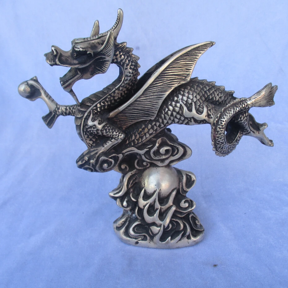 

Collectible Tibetan silver carved Flying Dragon statue/Chinese Folk art Dragon Sculpture