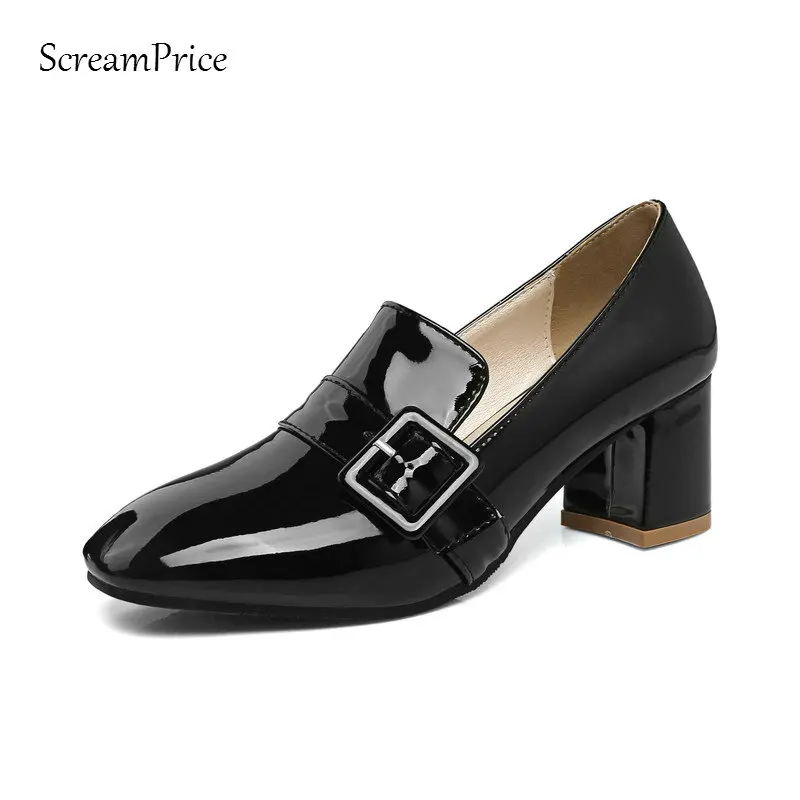 

Patent Leather Buckle Thick High Heel Shoes Women Fashion Slip on Square Toe Lazy Shoes Pumps Red White Black