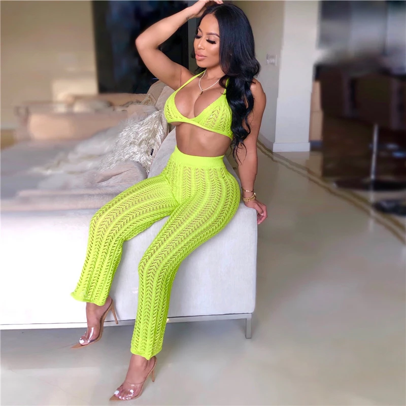 

Swim bra beach Summer Fishnet Knitted Two Piece Set Women Sexy See Through Night Club Suits Bra Top Pants Casual Beach Outfits