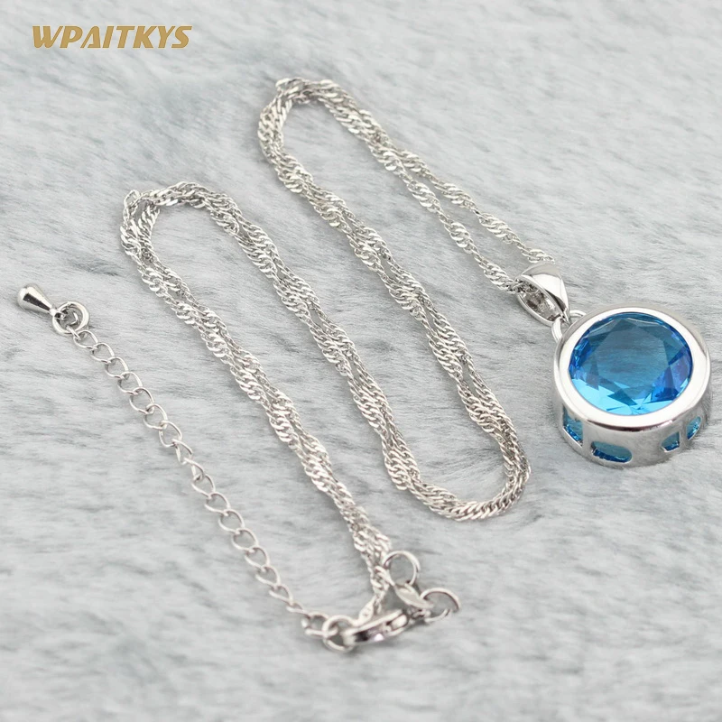Круглый Небесно-Голубой Кристалл 925 серебряные Свадебные Ювелирные наборы для женщин кулон ожерелье серьги подарочная коробка