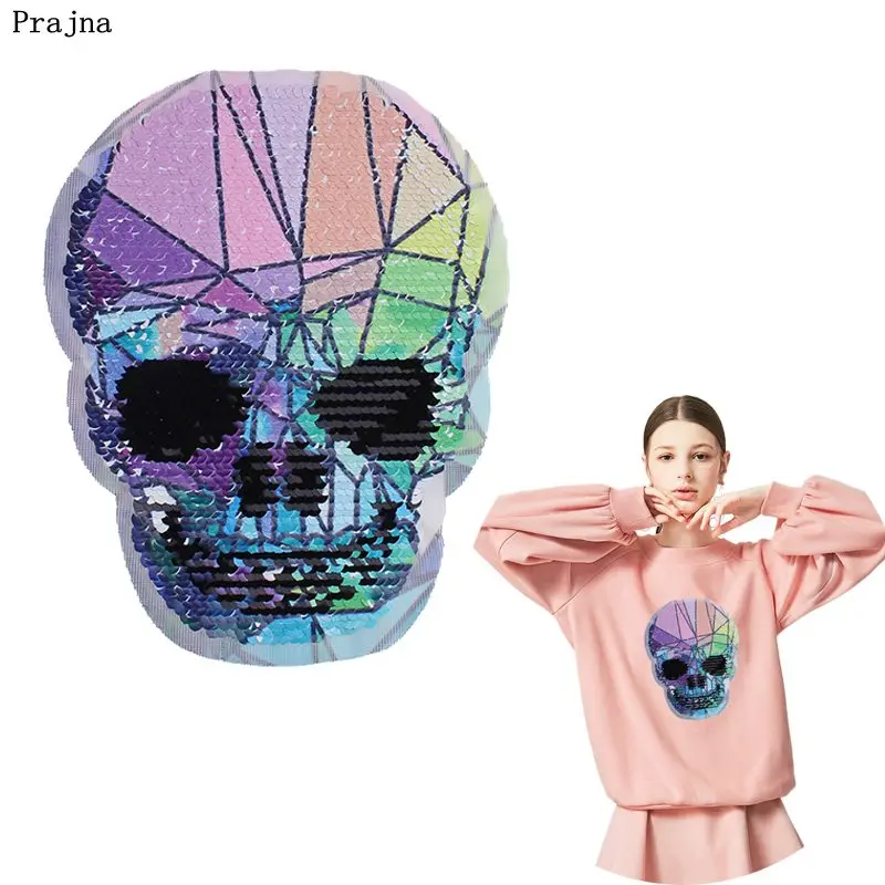 

Prajna Retro Skull Reversible Sequin Sew On Patch Applique Letters Punk Patches For Clothes Apparel Stripes On T-shirt Accessory