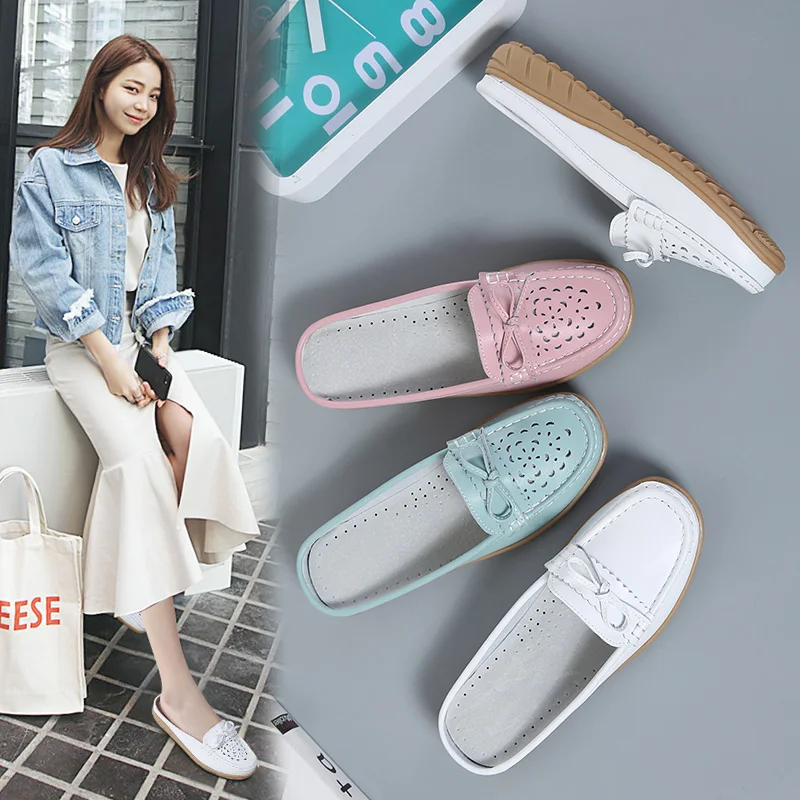 Women Shoes Summer Genuine Leather Flats Hollow Slip On Leather Loafers Korean Style Soft Moccasins Half Slippers Size 43