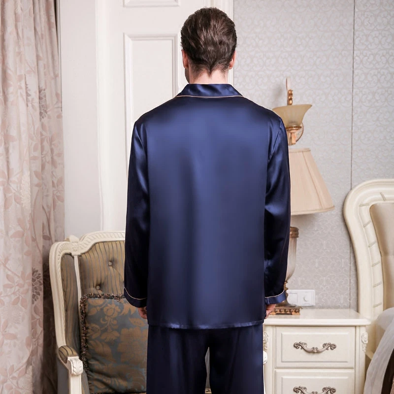 Genuine Silk Pajamas Male Spring Summer Long-Sleeve Pants Two-Piece Pyjama Sets 100% Silkworm Silk Men's Sleepwear T9002