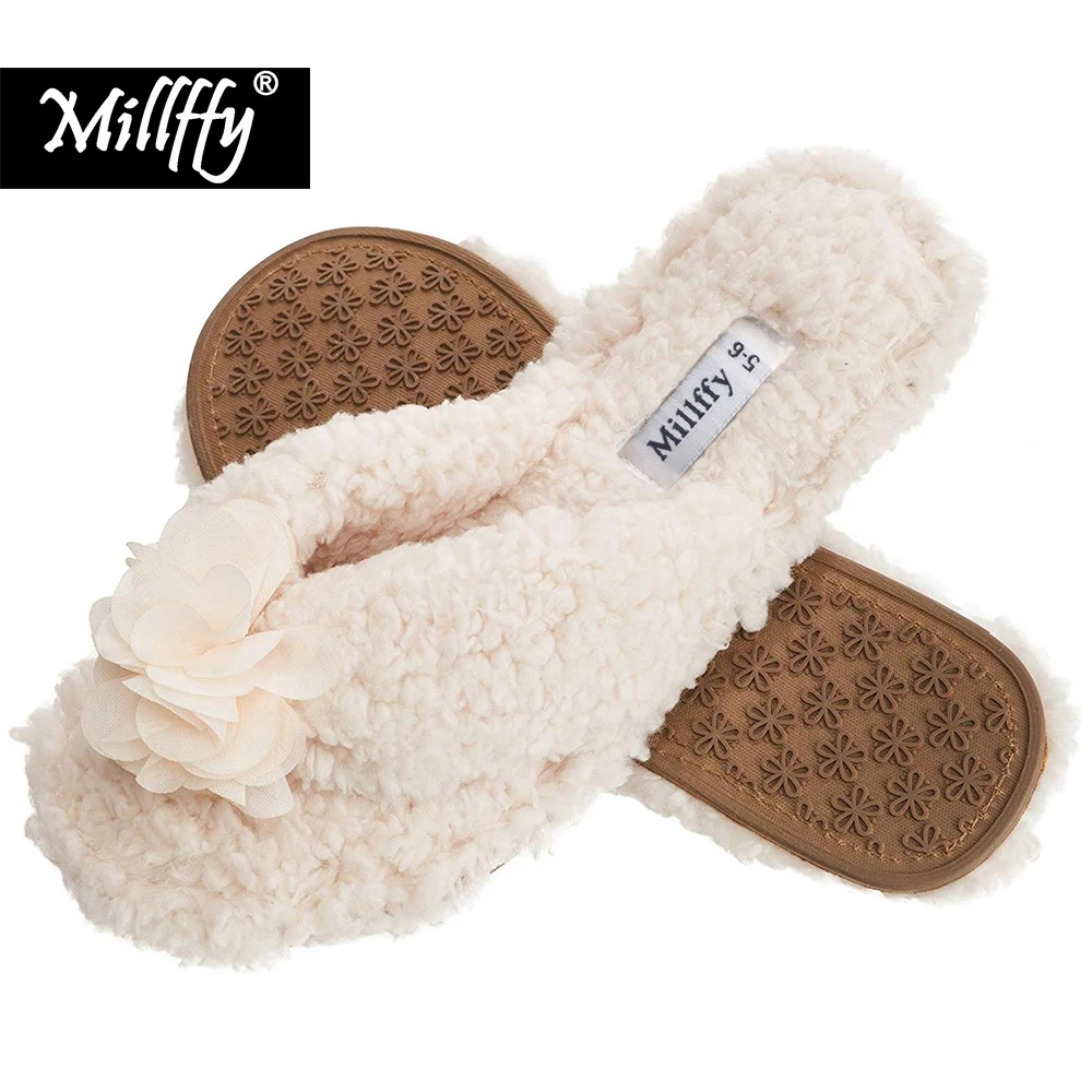 

Millffy Plush Cozy Faux Shearling Thong Slide On Sherpa Womens Flip-Flops Slippers with Flowers summer spring