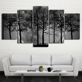 

HD Prints Pictures Decor Room Wall Frame 5 Pieces Black White Grey Psychedelic Forest Scenery Art Canvas Painting Modular Poster