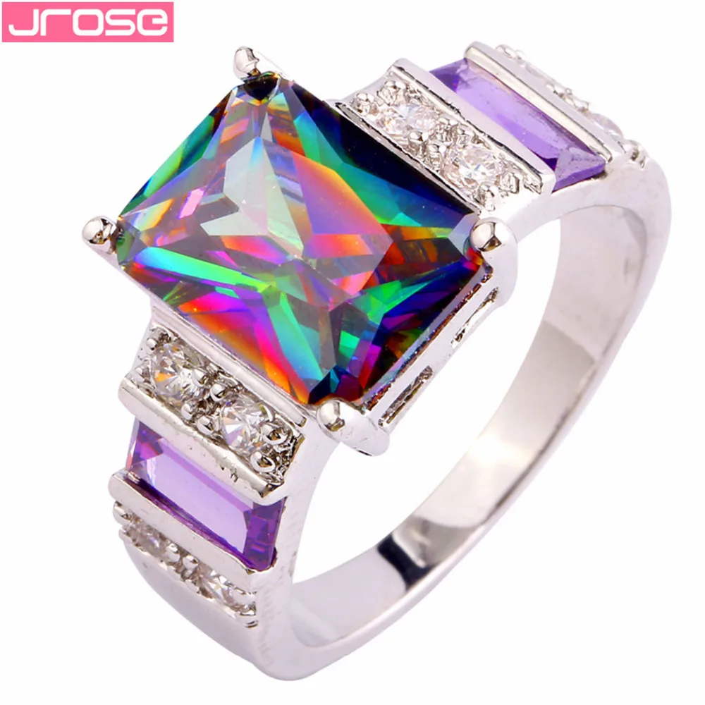 

JROSE Cocktail Fire Rainbow & Purple & White CZ Silver Color Ring Size 6 7 8 9 10 11 12 13 Gorgeous Fashion Jewelry Gifts
