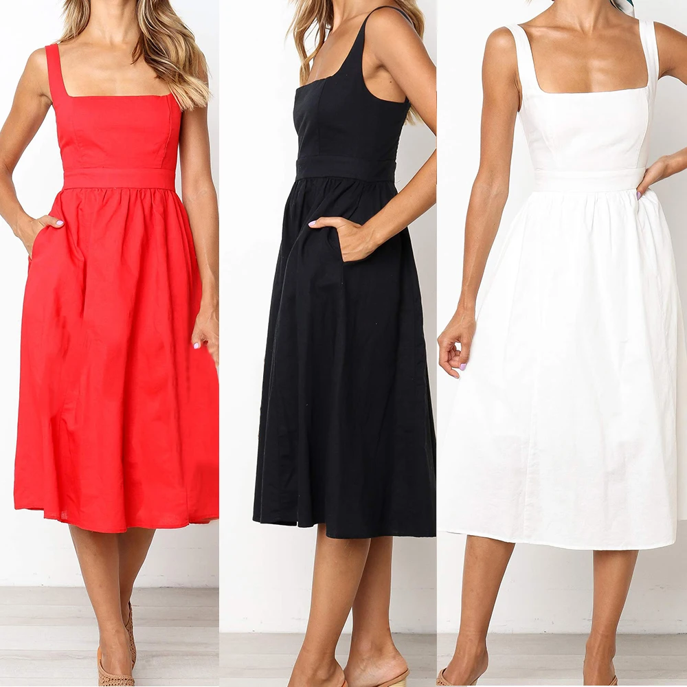 

Fashion Spaghetti Strap Dress Women Draped Sleeveless Square Collar Summer Casual Loose Dress Empire Robe Femme Solid Dresses