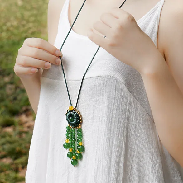 

Long sweater chain bohemian necklaces green chalcedony beads tassel pendant necklace ethnic women necklace gift 0554