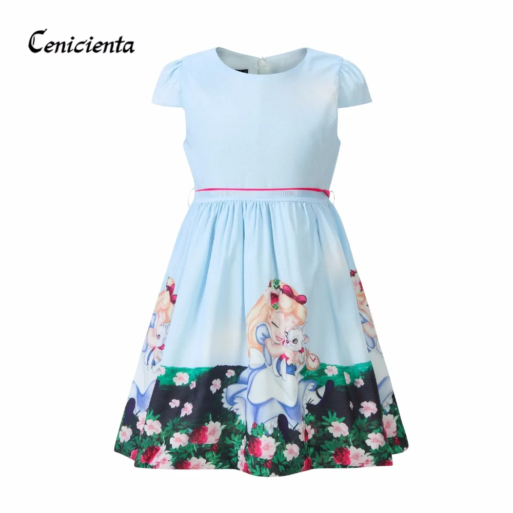 

Cenicienta Girl Dress Cute O-neck Short Ball Gown Cartoon Print Princess Dresses Alice Cotton Children Clothing 2-10 Years