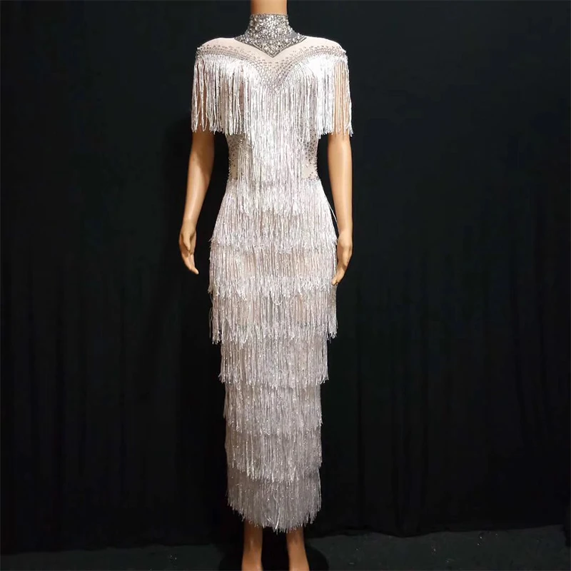 

Jazz Dance Costumes Evening Birthday Celebrate Tassel Sexy Bar Dj Pub Dancers Stage Club Singer Perform Elastic Dress DJ1029
