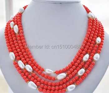 

natural 5row pink coral bead white baroque pearl NECKLACE