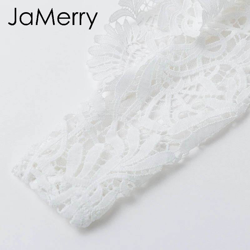 JaMerry Vintage ruffled white lace mesh embroidery blouse shirt Elegant hollow out long sleeve female tops Sexy party tops