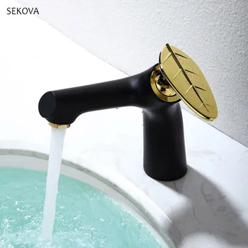 

Leaf Design Single Handle Bathroom Faucet Brass Material High Quality Basin Water Mixer Golden Plated & Black Paint