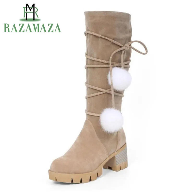 

ZALAVOR Women High Heels Boots Fashion Fringes Platform Shoes Women Warm Winter Fur Knee High Boots Fashion Shoes Size 33-43