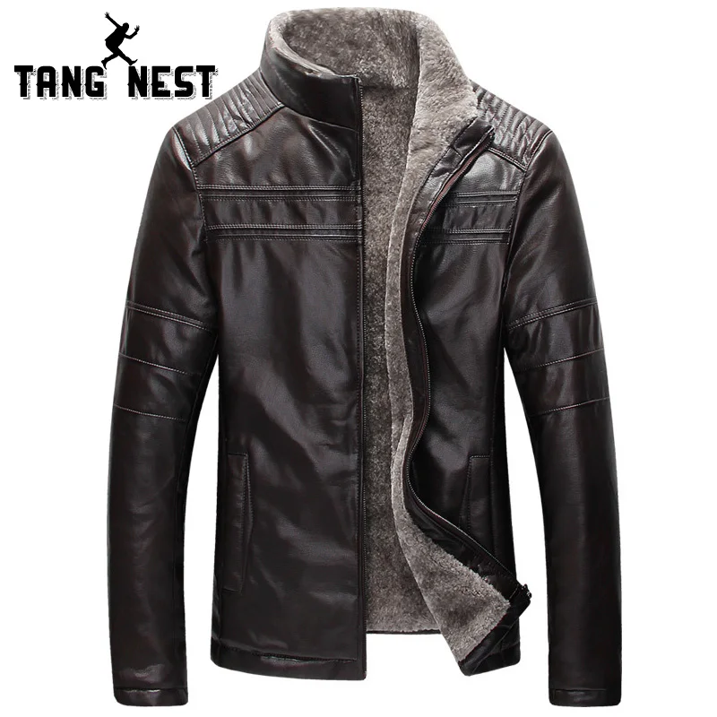 

TANGNEST Winter Warm 2019 New Design Fashion Fur Inside PU Leather Jacket Thick 4 Colors Men's Leather Jacket MWP359