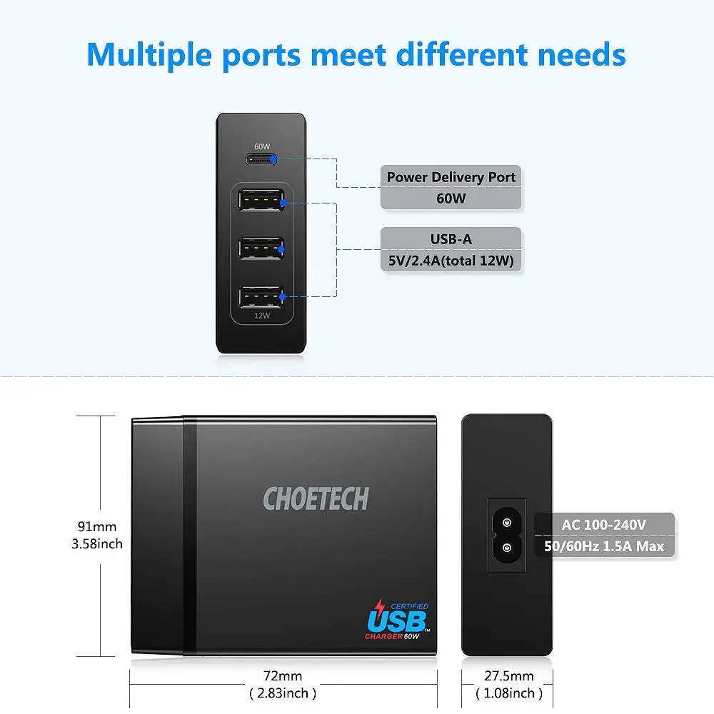 Choetech 72 Вт 4 порты и разъёмы Usb C Desktop Зарядное устройство станции с мощность доставки для Iphone X 8 Plus Macbook Pro мобильного телефона