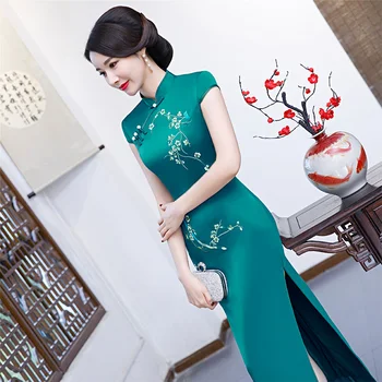 

Sexy Long Cheongsam 2019 Summer Vintage Chinese style Dress Fashion Womens Rayon Qipao Slim Party Dresses Button Vestido