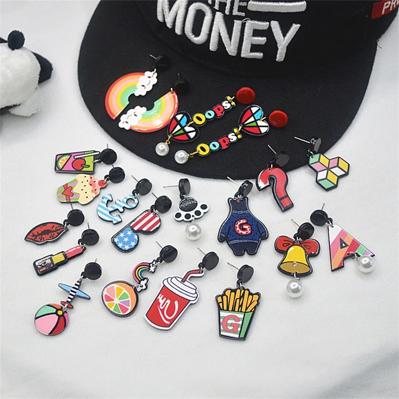 

MINGQI Fashion cartoon Korean funny acrylic asymmetric ice cream love heart letters long pearl earrings women jewelry pendants