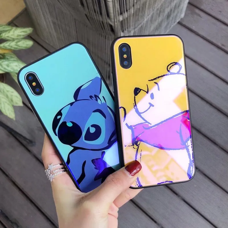 Blue-ray Tempered Glass Phone Case For iPhone XS MAX XR X Pooh Stitch Cute Cartoon TPU Back Cover 7 8 6 6s Plus |