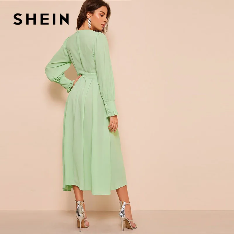Goede SHEIN Frilled Manchet Geplooide Panel Fit En Flare Maxi Jurk Vrouwen Lente Elegante Solid Hoge Taille EEN Lijn Lange Jurk party Dress