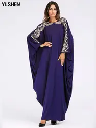 2019 Абая для мусульман, Дубай синий для женщин сексуальные длинные платья рукав "летучая мышь" бисер Moslim платье Кафтан Исламская Турция