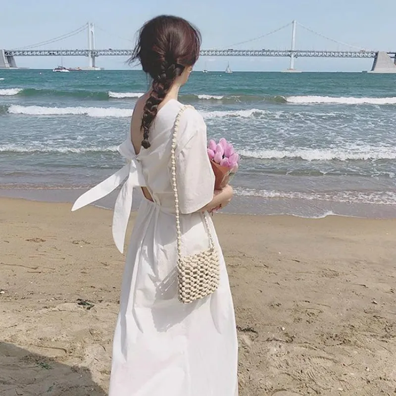 

Korean Women Summer Elegant Long White Dress A-line Backless Bow Tie Vestidos Vintage Robe Femme Sukienki Kleider Damen Jurk