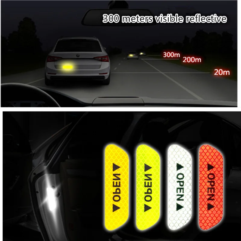 

4Pcs/set Warning Mark Reflective Tape Universal Exterior Accessories Car Door Stickers OPEN Sign Safety Reflective Strips Hot
