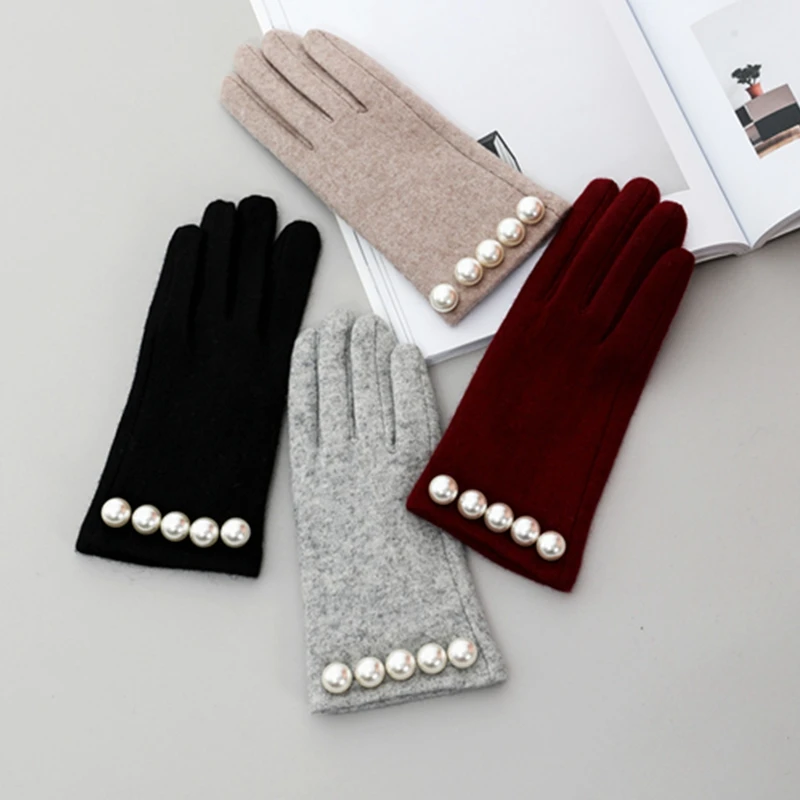 Бренд Для женщин перчатки зимние Роскошные Жемчужные теплая шерсть перчатки женские модные перчатки кашемировые перчатки женские