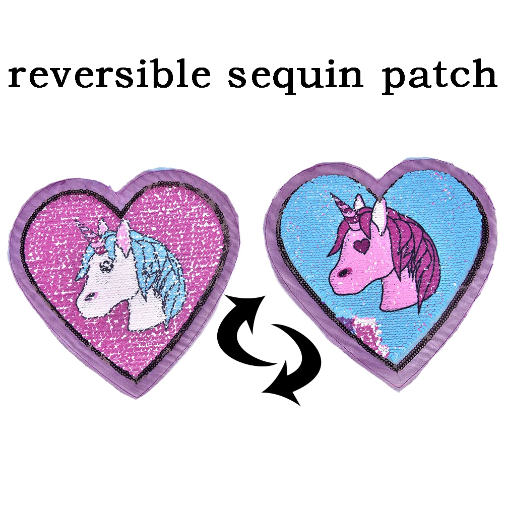 

New 1PC Heart Unicorn Reversible Sequins Sew On Patch for clothes DIY Crafts Coat Sweater Embroidered Paillette Patch Applique