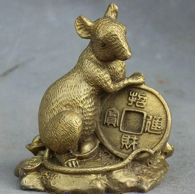 

Chinese Copper Sculpture Wealth Coin Lucky Year Zodiac Mouse Feng Shui Statue