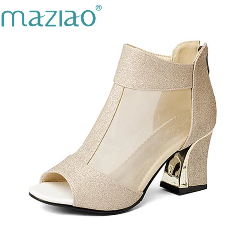 

MAZIAO Shoes Women Pumps High Heels Open Toe Shoes Chunky High Heels Zipper Causal Women Heels Shoes Gold Silver Size 32-43