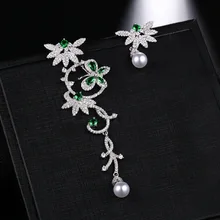 Модные вдохновленные Асимметричные зеленые серьги-капли в форме бабочки и цветка тростника с искусственным жемчугом CZ камень женские ювелирные изделия