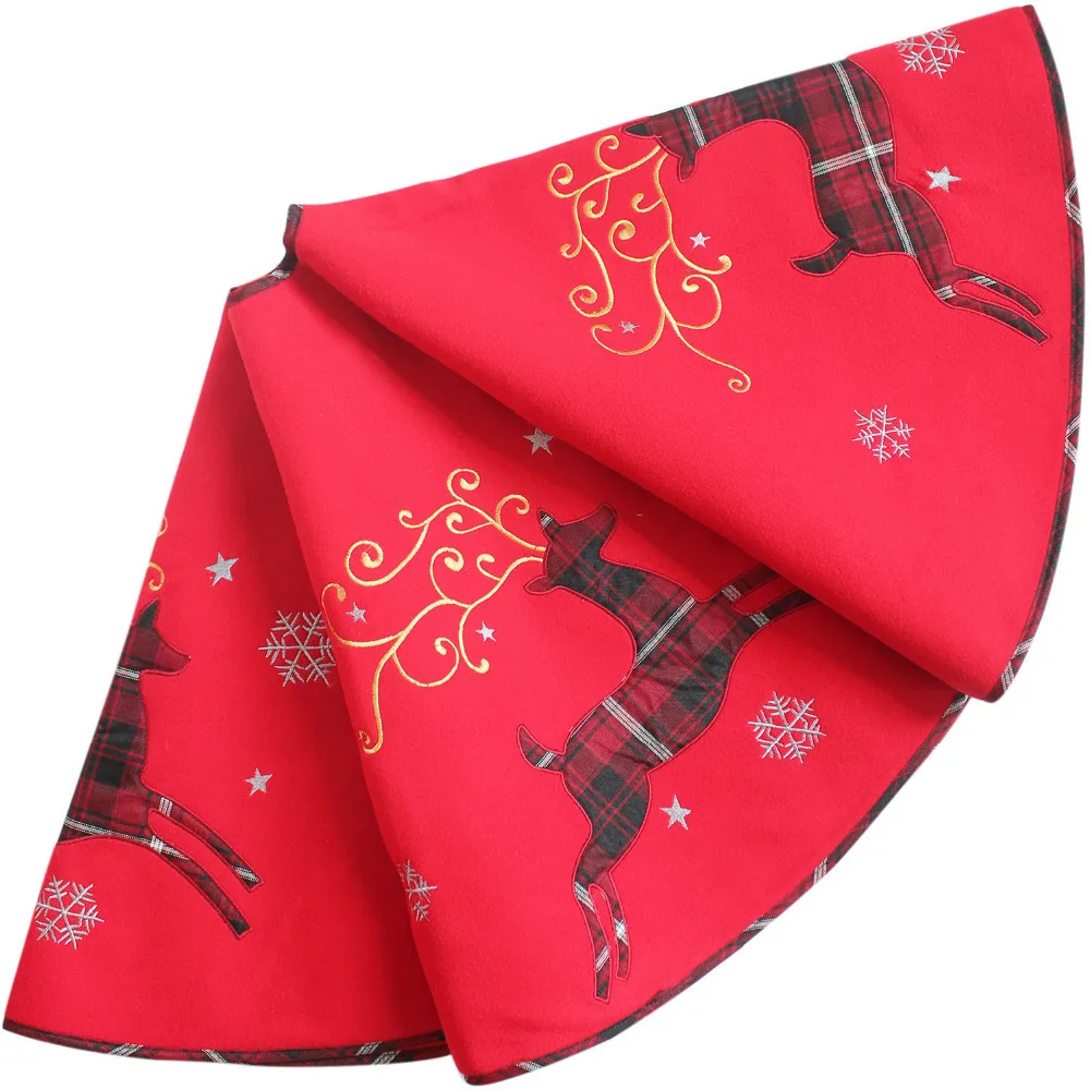 

Free shipping EXTRA LARGE 50" Christmas Tree Skirt Reindeer Applique Embroidery Red Color