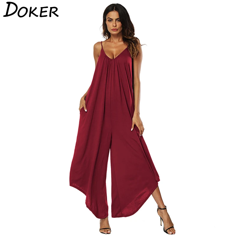 Us 1169 46 Off2019 New Sexy Deep V Neck Spaghetti Strap Rompers Women Backless Jumpsuit Plus Size Wide Leg Pants Female Loose Beach Jumpsuit In