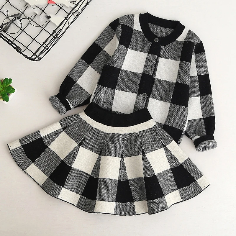 

2019 New Cotton Girls Sets Autumn Baby Kids Clothes Single Row Button Plaid Long-sleeved+Short Skirts 2Pcs Suit Girls Clothes